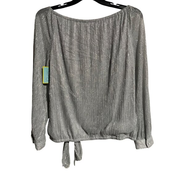 CeCe Womens Metallic Gray Long Sleeve Blouse Size Large Tie Hem Off Shoulder - Picture 2 of 5